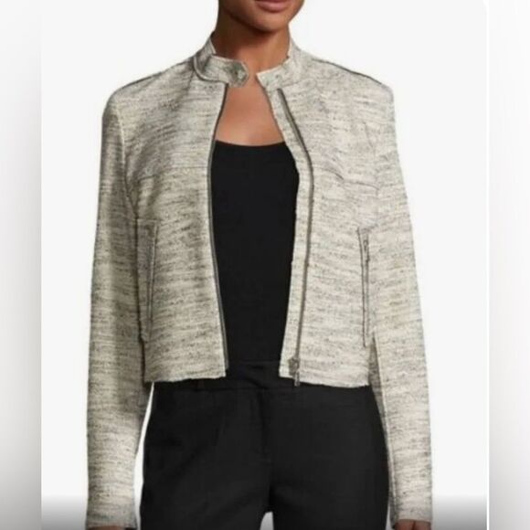 THEORY Bavewick Branson Moto Jacket Nubby Black/Cream Raw Hem. Zipper Front. - Picture 1 of 11